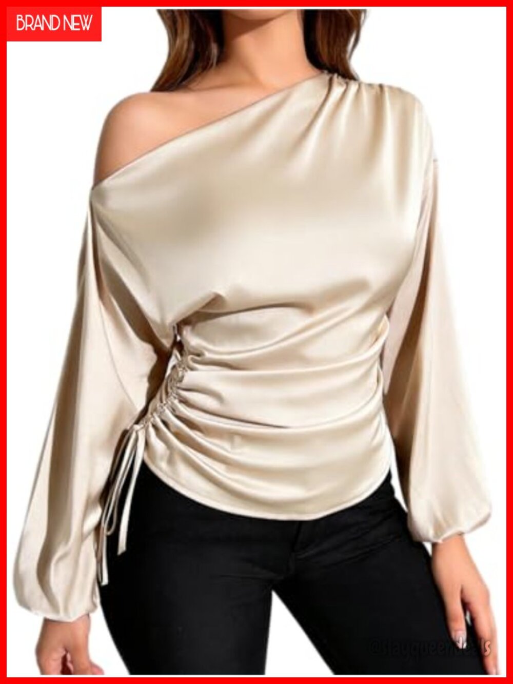 Floerns Women's Satin Off Shoulder Lantern Sleeve Asymmetrical Blouse